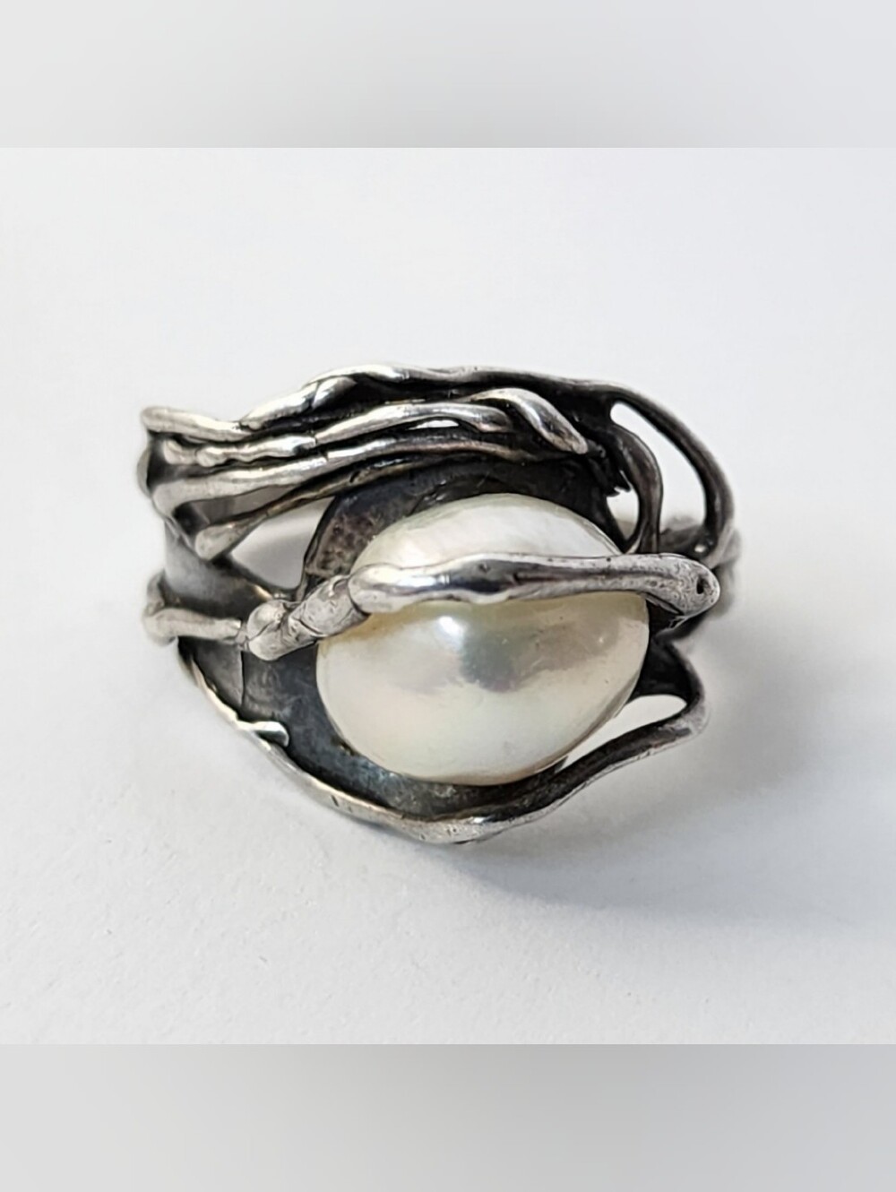 Vintage Israel 925 Sterling Silver Pearl Brutalist Ring Size 10